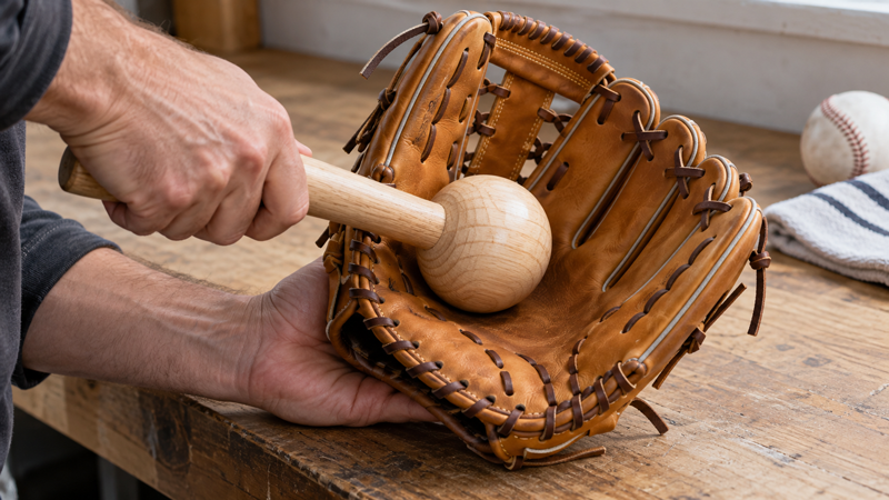 Tvarování kapsy baseballové rukavice dřevěnou paličkou